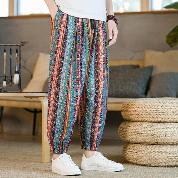 Buddha Stones Colorful Stripes Cotton Linen Men's Ankle-Length Harem Pants With Pockets - image 24
