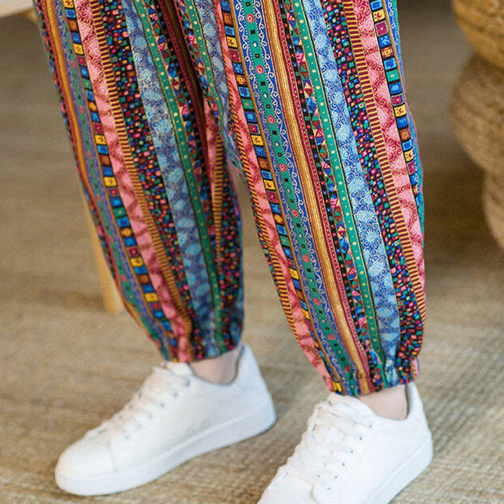 Buddha Stones Colorful Stripes Cotton Linen Men's Ankle-Length Harem Pants With Pockets - image 30