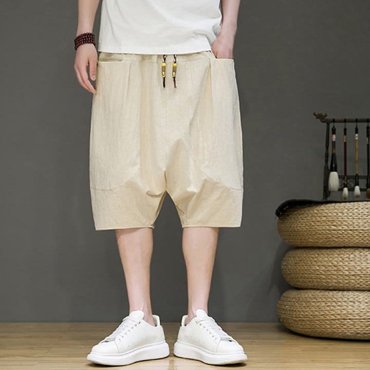Buddha Stones Casual Drawstring Cotton Linen Men's Capri Harem Pants With Pockets - image 3