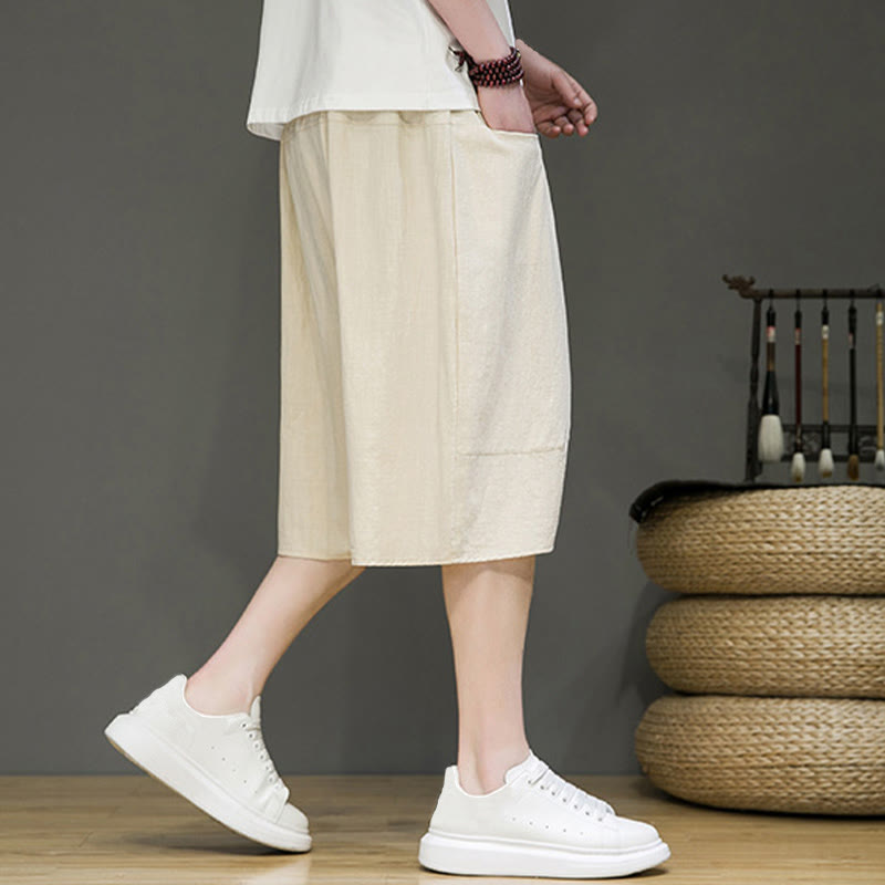 Buddha Stones Casual Drawstring Cotton Linen Men's Capri Harem Pants With Pockets - image 6