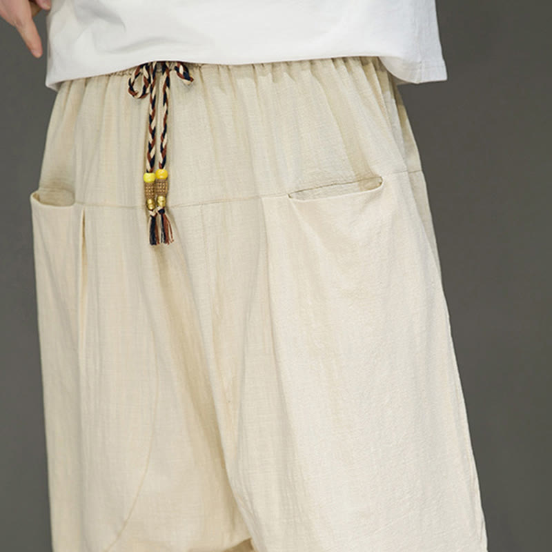 Buddha Stones Casual Drawstring Cotton Linen Men's Capri Harem Pants With Pockets - image 11