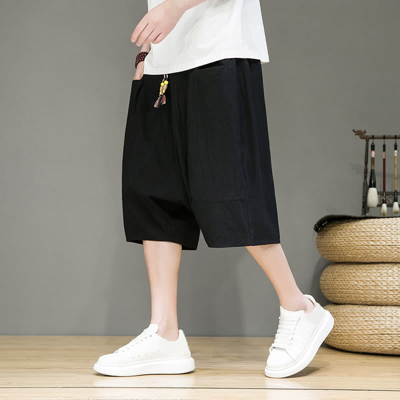 Buddha Stones Casual Drawstring Cotton Linen Men's Capri Harem Pants With Pockets - Black - US/UK/AU46，EU56 (5XL) - image 13