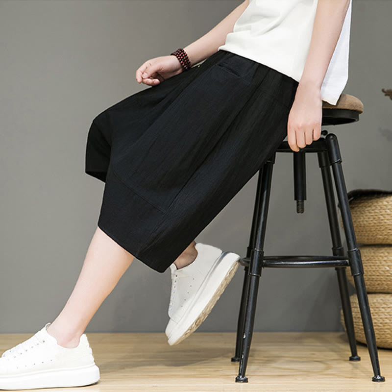 Buddha Stones Casual Drawstring Cotton Linen Men's Capri Harem Pants With Pockets - image 19