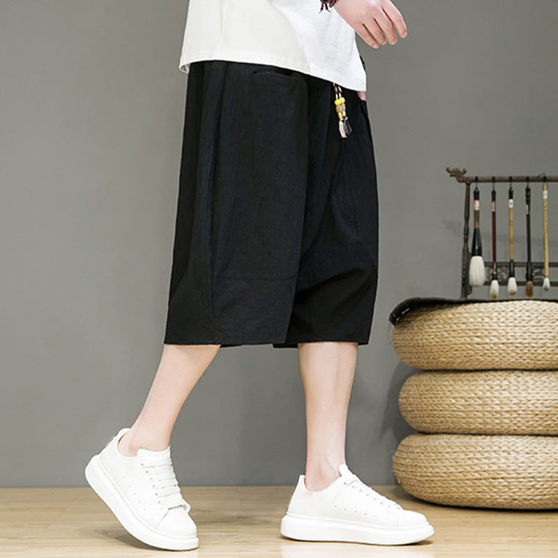 Buddha Stones Casual Drawstring Cotton Linen Men's Capri Harem Pants With Pockets - image 17