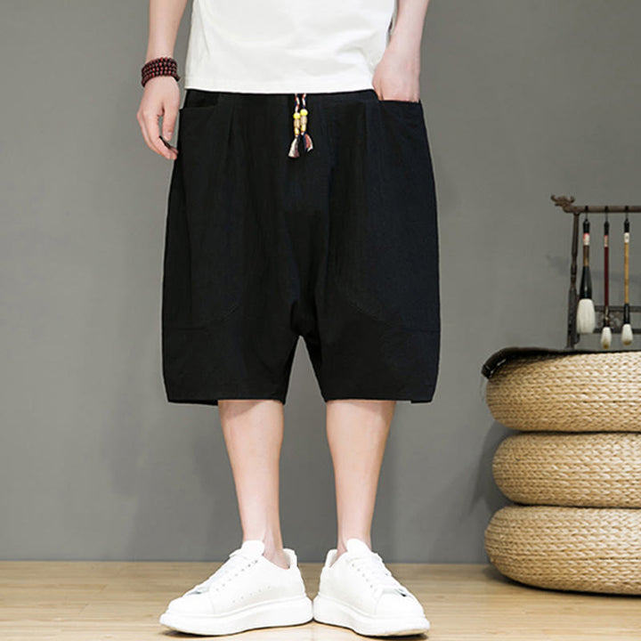 Buddha Stones Casual Drawstring Cotton Linen Men's Capri Harem Pants With Pockets - image 14