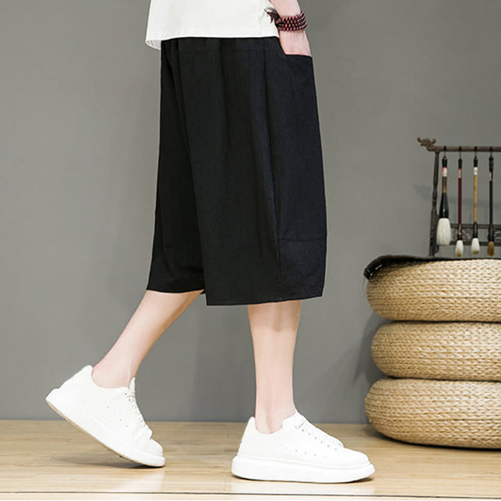 Buddha Stones Casual Drawstring Cotton Linen Men's Capri Harem Pants With Pockets - image 15