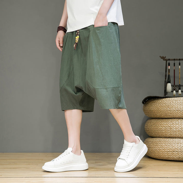 Buddha Stones Casual Drawstring Cotton Linen Men's Capri Harem Pants With Pockets - DarkSeaGreen - US/UK/AU46，EU56 (5XL) - image 21