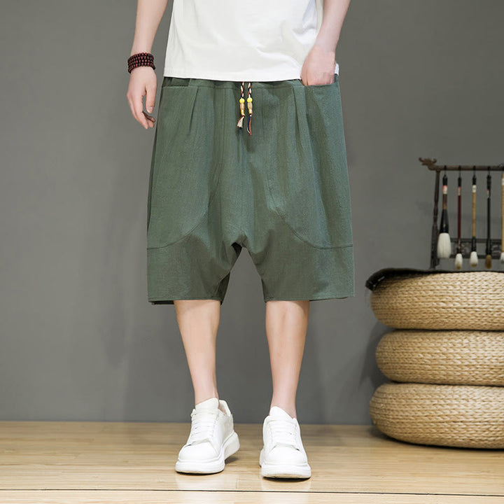 Buddha Stones Casual Drawstring Cotton Linen Men's Capri Harem Pants With Pockets - image 22