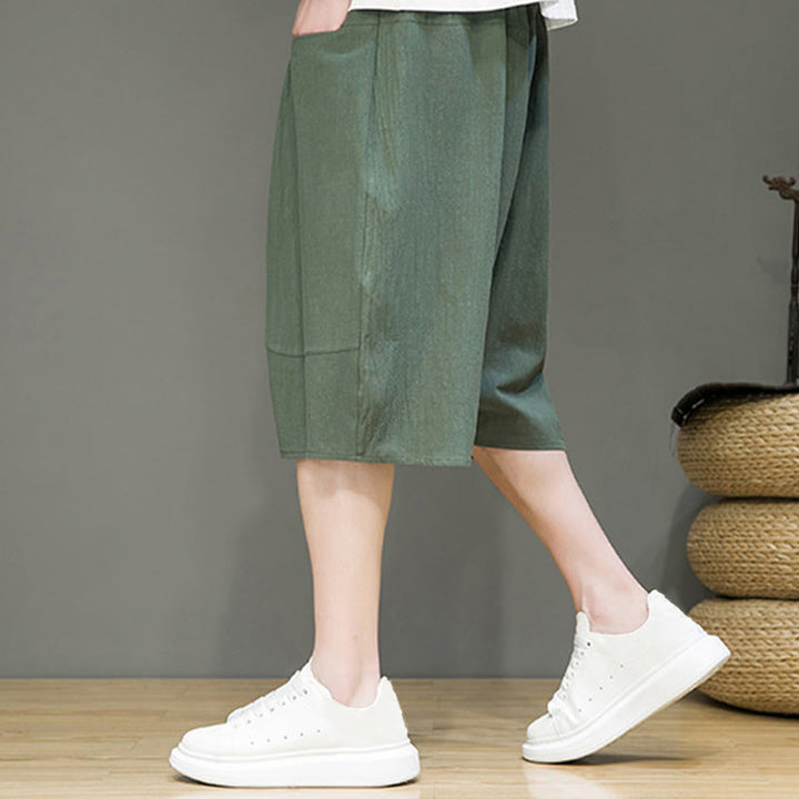 Buddha Stones Casual Drawstring Cotton Linen Men's Capri Harem Pants With Pockets - image 25