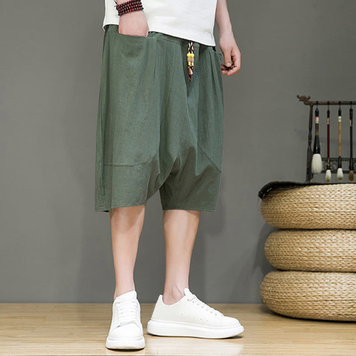 Buddha Stones Casual Drawstring Cotton Linen Men's Capri Harem Pants With Pockets - image 23