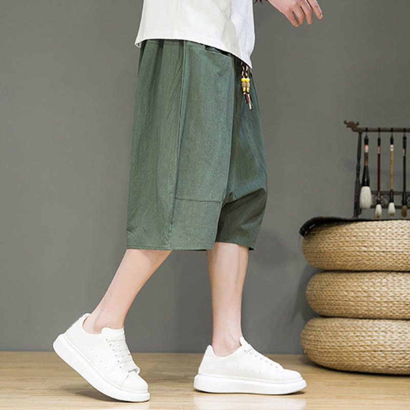 Buddha Stones Casual Drawstring Cotton Linen Men's Capri Harem Pants With Pockets - image 24