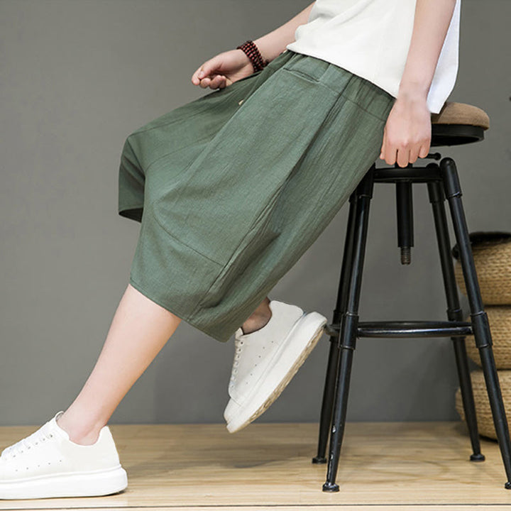 Buddha Stones Casual Drawstring Cotton Linen Men's Capri Harem Pants With Pockets - image 28