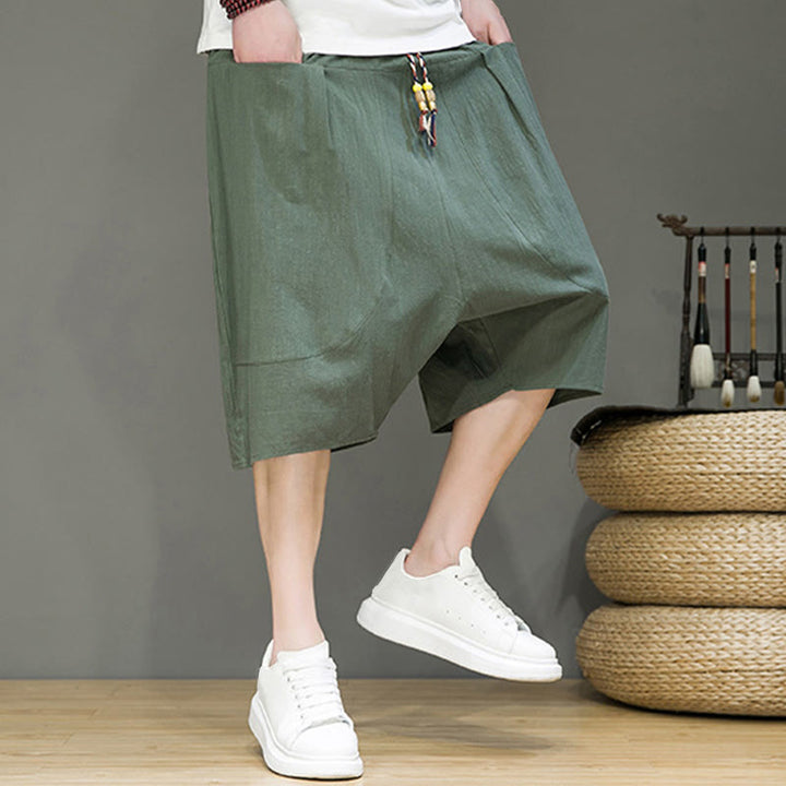 Buddha Stones Casual Drawstring Cotton Linen Men's Capri Harem Pants With Pockets - image 27