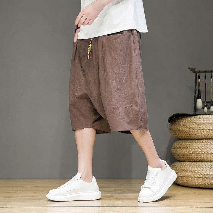 Buddha Stones Casual Drawstring Cotton Linen Men's Capri Harem Pants With Pockets - Tan - US/UK/AU46，EU56 (5XL) - image 29