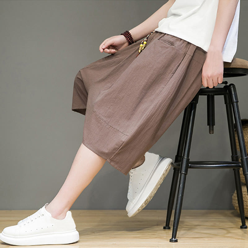 Buddha Stones Casual Drawstring Cotton Linen Men's Capri Harem Pants With Pockets - image 36