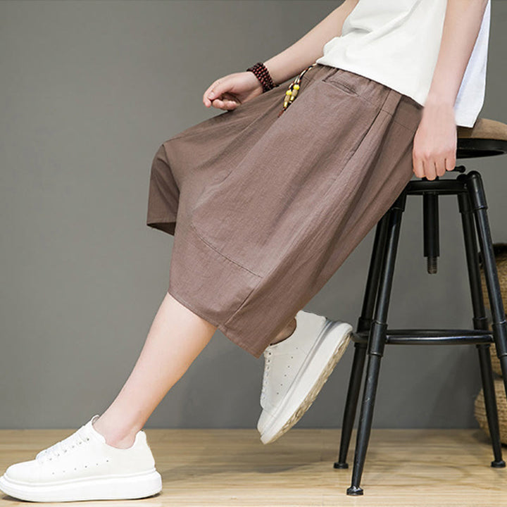Buddha Stones Casual Drawstring Cotton Linen Men's Capri Harem Pants With Pockets - image 36