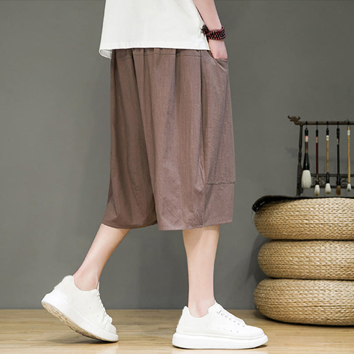 Buddha Stones Casual Drawstring Cotton Linen Men's Capri Harem Pants With Pockets - image 33