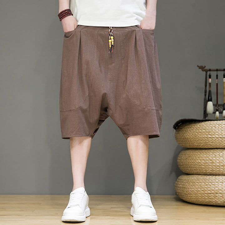 Buddha Stones Casual Drawstring Cotton Linen Men's Capri Harem Pants With Pockets - image 34
