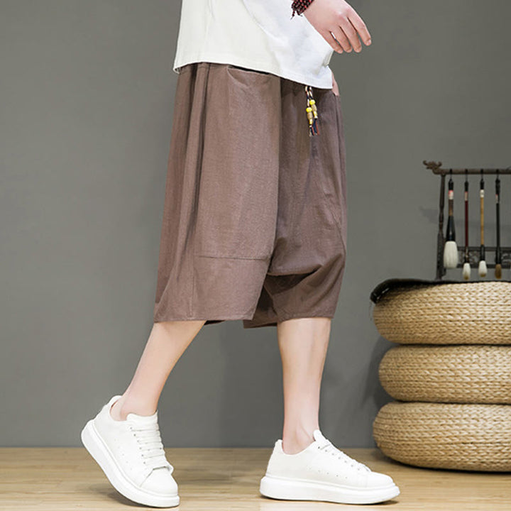 Buddha Stones Casual Drawstring Cotton Linen Men's Capri Harem Pants With Pockets - image 35