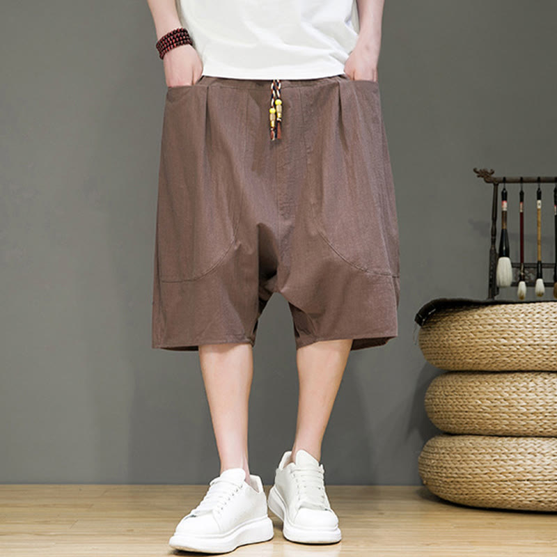 Buddha Stones Casual Drawstring Cotton Linen Men's Capri Harem Pants With Pockets - image 30