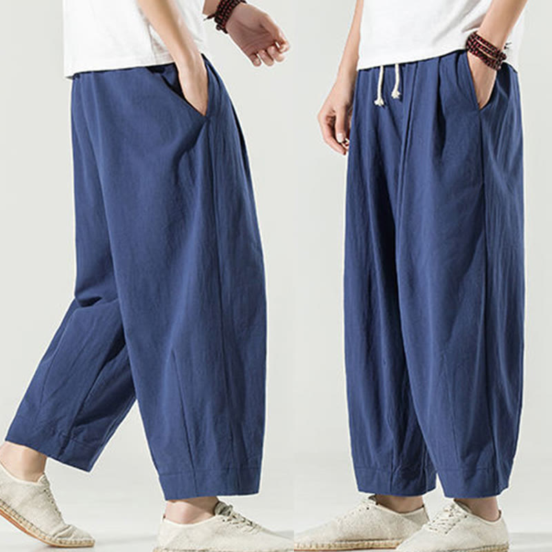 Buddha Stones Plain Color Cotton Linen Men's Ankle-Length Harem Pants With Pockets - image 8