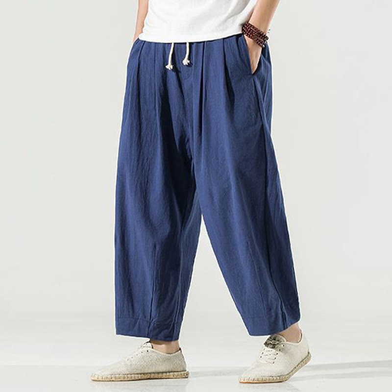 Buddha Stones Plain Color Cotton Linen Men's Ankle-Length Harem Pants With Pockets - SteelBlue - US/UK/AU46，EU56 (5XL) - image 1