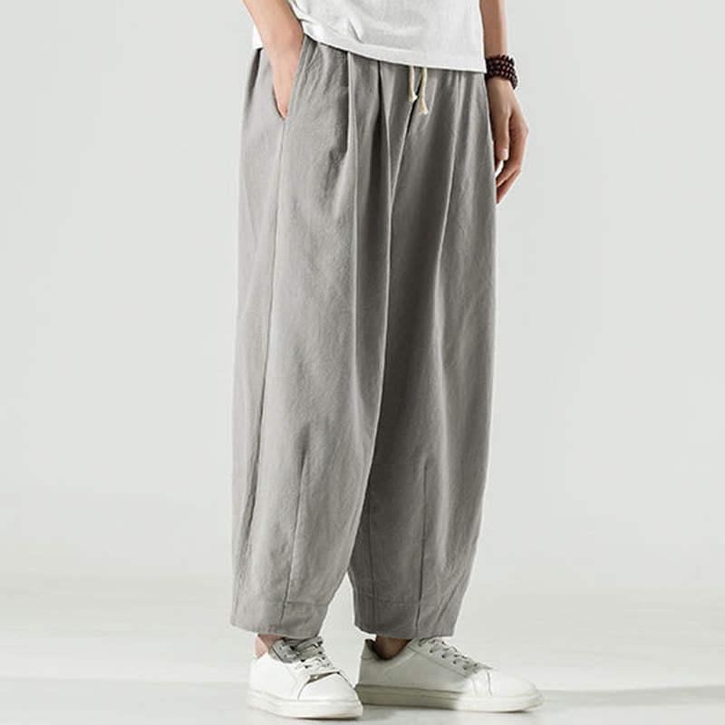 Buddha Stones Plain Color Cotton Linen Men's Ankle-Length Harem Pants With Pockets - image 12