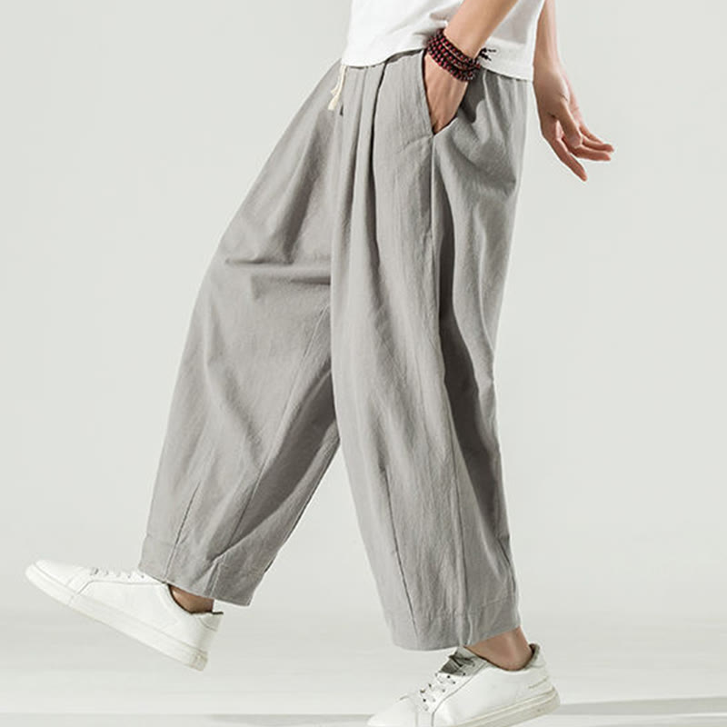 Buddha Stones Plain Color Cotton Linen Men's Ankle-Length Harem Pants With Pockets - image 13