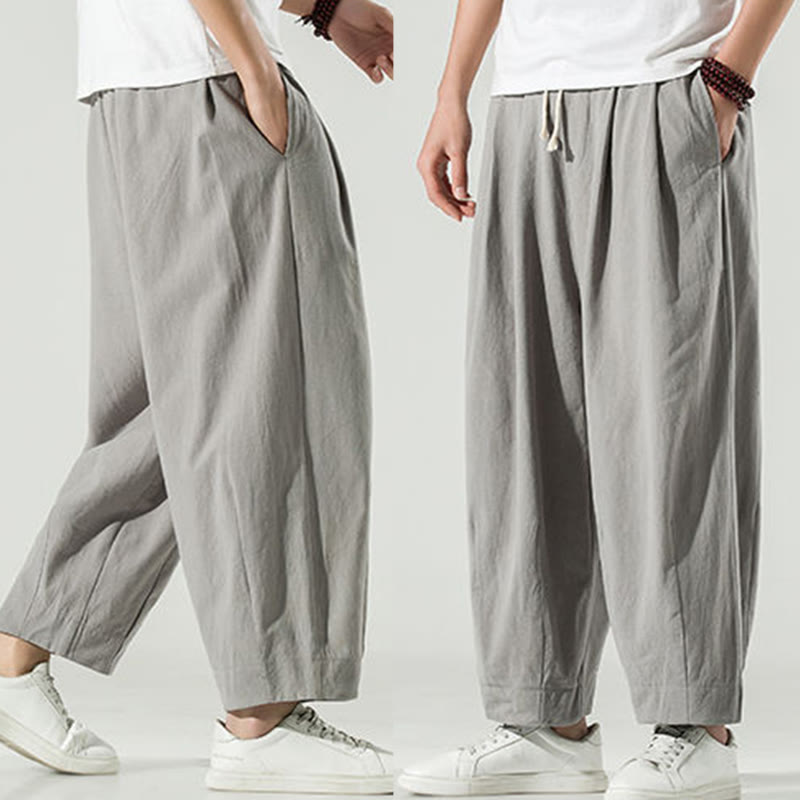Buddha Stones Plain Color Cotton Linen Men's Ankle-Length Harem Pants With Pockets - image 21