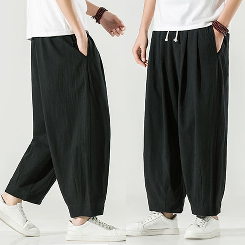 Buddha Stones Plain Color Cotton Linen Men's Ankle-Length Harem Pants With Pockets - image 29