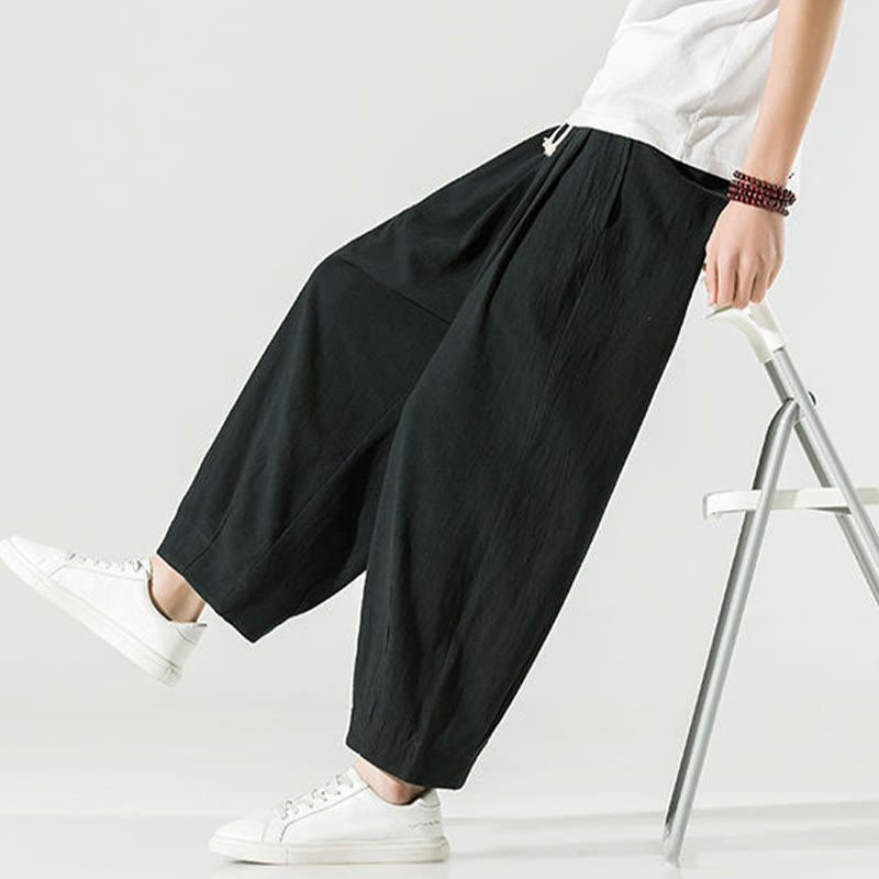 Buddha Stones Plain Color Cotton Linen Men's Ankle-Length Harem Pants With Pockets - image 28