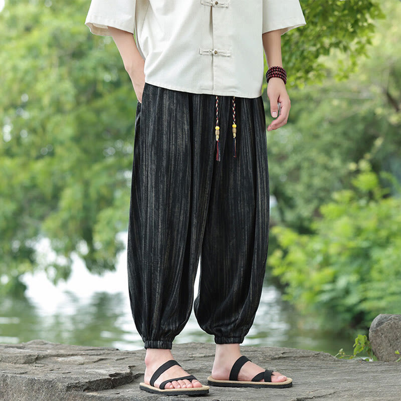 Buddha Stones Summer Black Stripes Drawstring Men's Harem Pants With Pockets - image 3