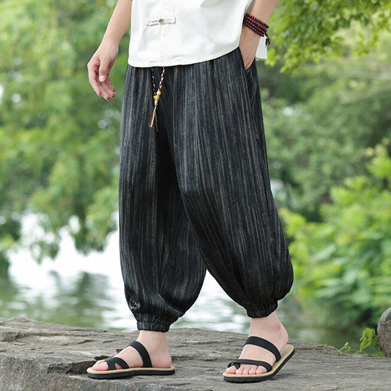 Buddha Stones Summer Black Stripes Drawstring Men's Harem Pants With Pockets - image 9