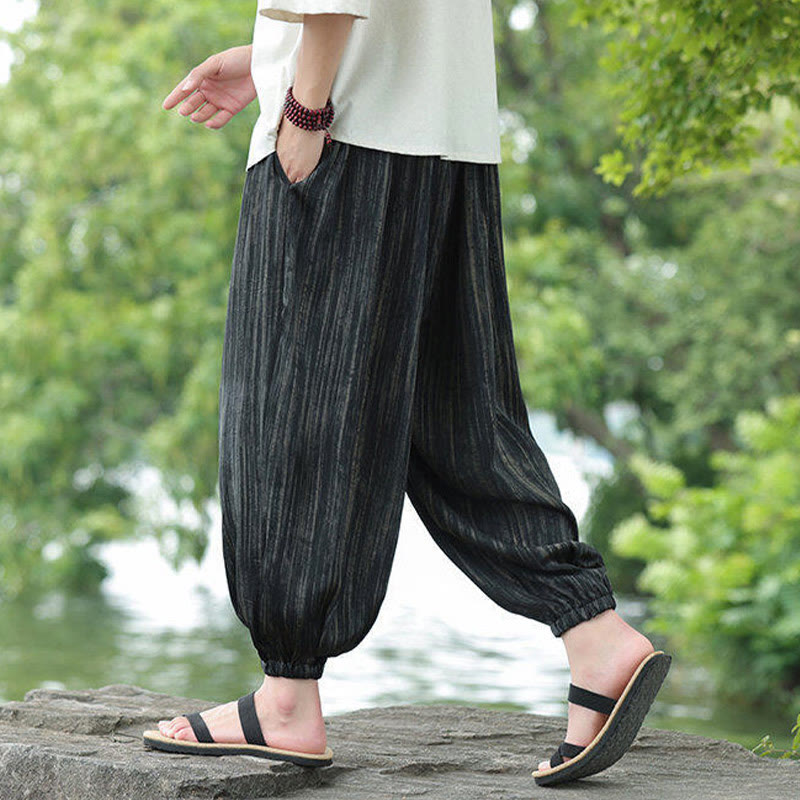Buddha Stones Summer Black Stripes Drawstring Men's Harem Pants With Pockets - image 5