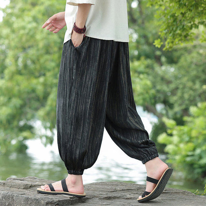 Buddha Stones Summer Black Stripes Drawstring Men's Harem Pants With Pockets - image 4