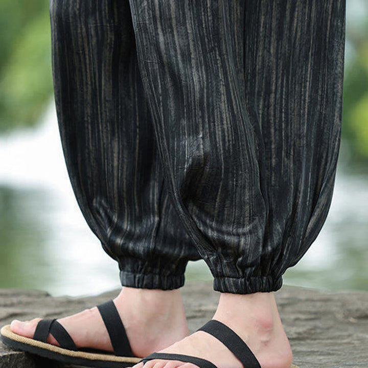 Buddha Stones Summer Black Stripes Drawstring Men's Harem Pants With Pockets - image 12