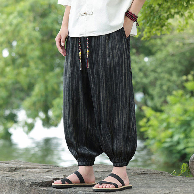 Buddha Stones Summer Black Stripes Drawstring Men's Harem Pants With Pockets - image 7