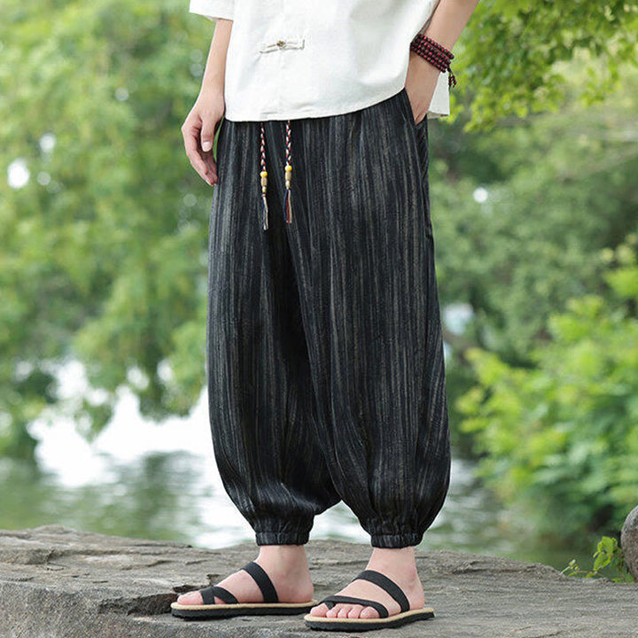 Buddha Stones Summer Black Stripes Drawstring Men's Harem Pants With Pockets - image 7