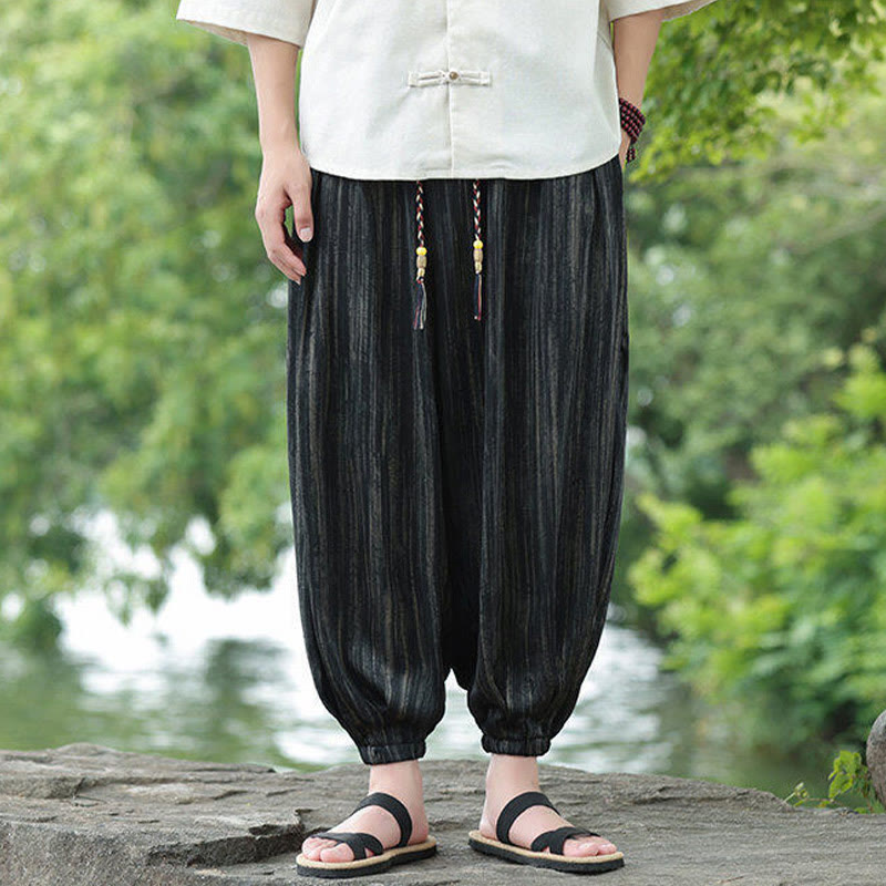 Buddha Stones Summer Black Stripes Drawstring Men's Harem Pants With Pockets - image 2