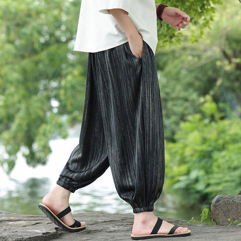 Buddha Stones Summer Black Stripes Drawstring Men's Harem Pants With Pockets - image 4