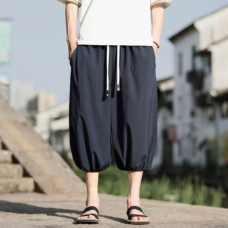 Buddha Stones Solid Drawstring Men's Capri Cropped Harem Pants With Pockets - SteelBlue - US/UK/AU46，EU56 (5XL) - image 1