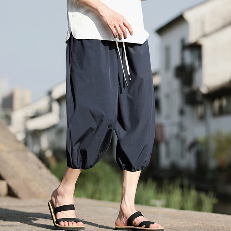 Buddha Stones Solid Drawstring Men's Capri Cropped Harem Pants With Pockets - image 2