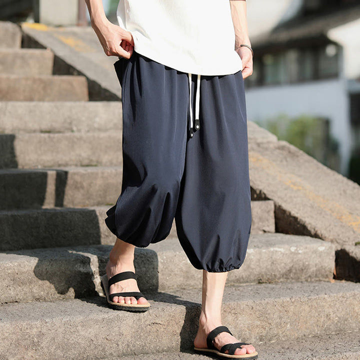 Buddha Stones Solid Drawstring Men's Capri Cropped Harem Pants With Pockets - image 3