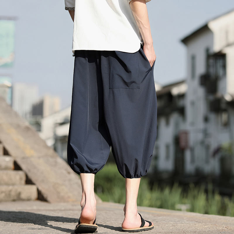 Buddha Stones Solid Drawstring Men's Capri Cropped Harem Pants With Pockets - image 5