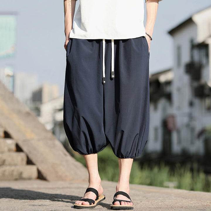 Buddha Stones Solid Drawstring Men's Capri Cropped Harem Pants With Pockets - image 6
