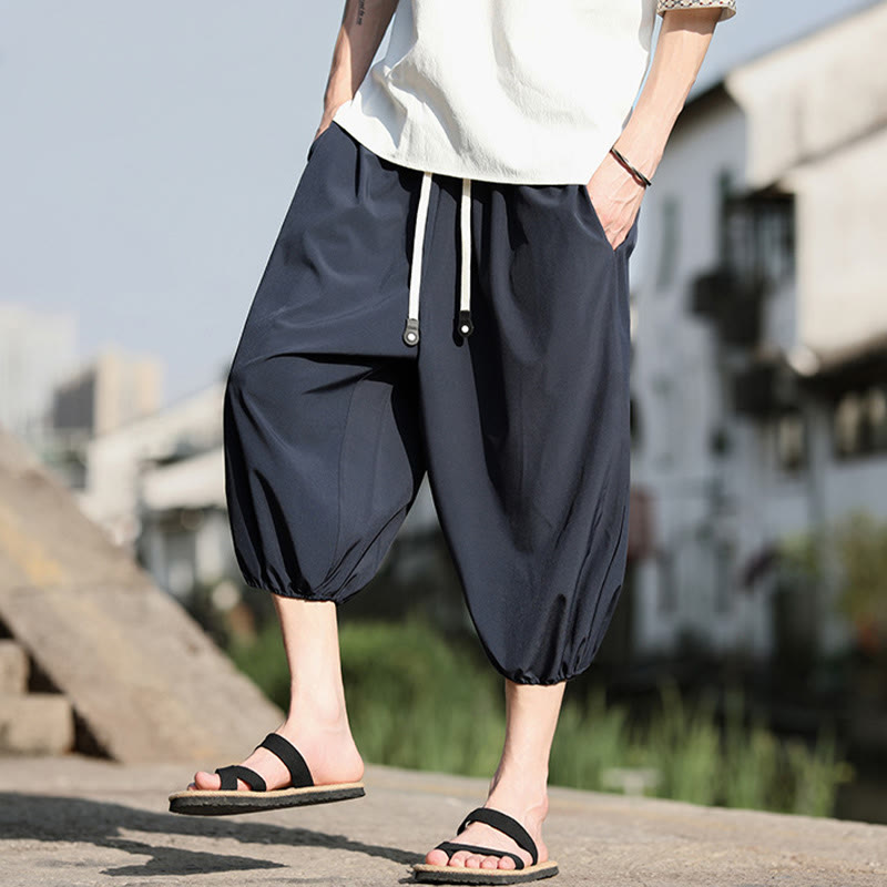 Buddha Stones Solid Drawstring Men's Capri Cropped Harem Pants With Pockets - image 8