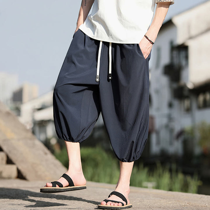 Buddha Stones Solid Drawstring Men's Capri Cropped Harem Pants With Pockets - image 8