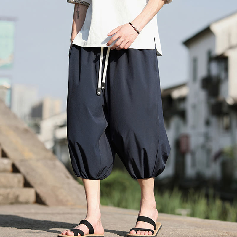 Buddha Stones Solid Drawstring Men's Capri Cropped Harem Pants With Pockets - image 7