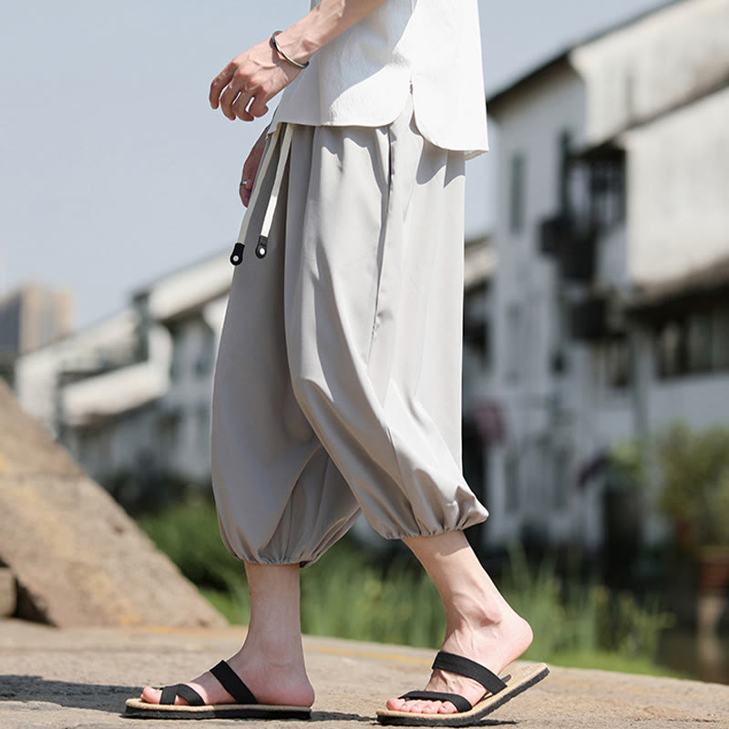 Buddha Stones Solid Drawstring Men's Capri Cropped Harem Pants With Pockets - image 11