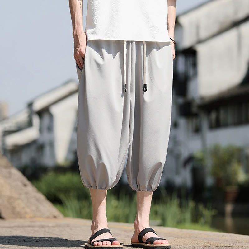 Buddha Stones Solid Drawstring Men's Capri Cropped Harem Pants With Pockets - image 13